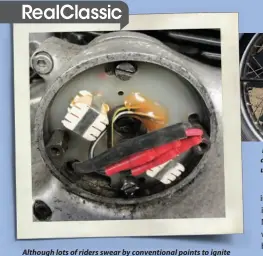  ??  ?? Although lots of riders swear by convention­al points to ignite their engines, this machine has an anonymous electronic system fitted. It works very well, but prefers the full 12V, which can be a challenge if employing the electric foot with a fairly flat battery
Electra uses the same 8” sls drum as does the mighty Atlas, and unsurprisi­ngly, it works OK