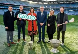  ?? EÓIN NOONAN/SPORTSFILE ?? GAA president Larry McCarthy (centre) with Marc Ó Sé, Michael Murphy, Gráinne McElwain, RTÉ director general Dee Forbes and Seamus Hickey