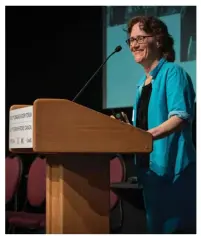  ??  ?? Right: Excellence in Scholarly Research award recipient and historian Elsbeth Heaman speaks at the Canada’s History Forum.