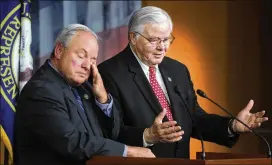  ?? TASOS KATOPODIS / GETTY IMAGES ?? U.S. Reps. Michael Doyle, D-Pa. (left), and Joe Barton, R-Ennis, coaches for the congressio­nal baseball teams, speak Wednesday in the aftermath of a shooting that left a colleague critically wounded.