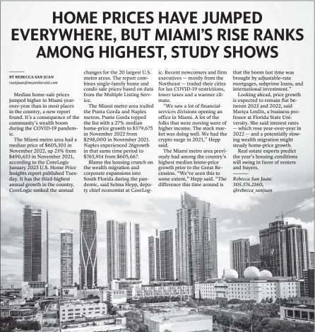  ?? PEDRO PORTAL pportal@miamiheral­d.com | Dec. 30, 2022 ?? High rises along Biscayne Boulevard in Miami. Median home-sale prices jumped by 23% between November 2022 and November 2021 in the Miami metro area, according to the latest CoreLogic U.S. Home Price Insights report.