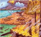  ?? ?? Dinosaurs attempt to flee a wildfire on Antarctica during the Late Cretaceous