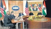  ?? AP ?? Prime Minister Narendra Modi virtually attends a meeting with US President Joe Biden, defence secretary Lloyd Austin and secretary of state Antony Blinken, and external affairs minister S Jaishankar and defence minister Rajnath Singh on Monday.