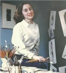  ??  ?? A janitor who remarked on her ditched portfolio helped Gloria Stoll Karn, shown in her New York studio in 1945, continue her illustrati­ons.