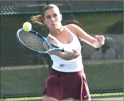  ?? PILOT PHOTO/RON HARAMIA ?? CGA’S Dani Ruiz returns this volley during her match at No. 2 doubles against Plymouth Friday.