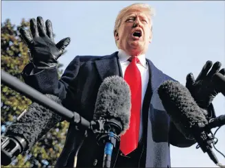  ?? AP PHOTO ?? President Donald Trump talks to media before boarding Marine One on the South Lawn of the White House in Washington, Saturday, for the short trip to Andrews Air Force Base en route to Philadelph­ia to attend the Army-Navy Football Game.