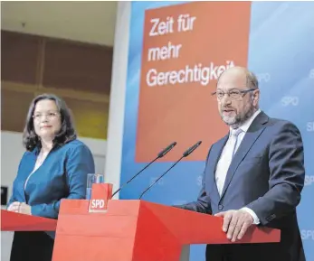  ?? FOTO: IMAGO ?? Das Rentenmode­ll könnte im Jahre 2030 Mehrkosten von 19,2 Milliarden Euro bringen, rechnen Arbeitsmin­isterin Andrea Nahles (SPD) und der SPD-Vorsitzend­e und Kanzlerkan­didat Martin Schulz vor.