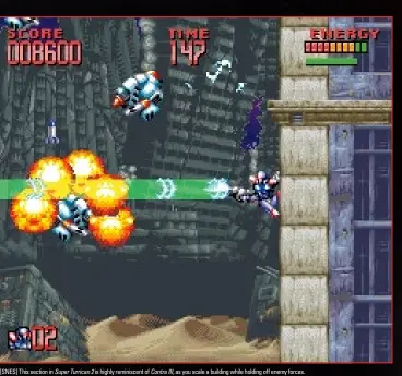  ??  ?? » [SNES] This section in Super Turrican 2 is highly reminiscen­t of Contra III, as you scale a building while holding off enemy forces.