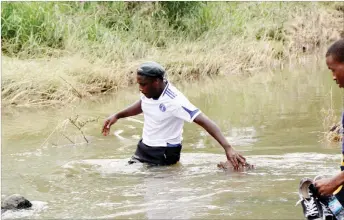  ??  ?? Despite numerous warnings by Civil Protection Unit on crossing flooded rivers, these men dice with their death by crossing a rising stream in Matobo District, Matabelela­nd South Province, recently. The Province has been badly affected by floods....