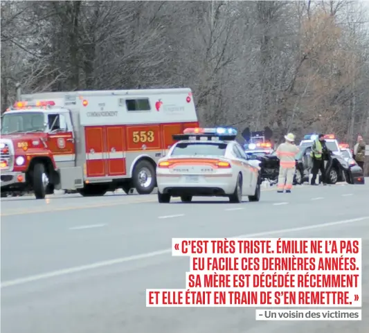  ?? PHOTO AGENCE QMI, SIDNEY DAGENAIS ?? L’accident ayant causé la mort d’Émilie Millette-Forget, 37 ans, et de sa fille Mary-Love, 18 ans, est survenu aux alentours de 17 h 15 samedi sur la route 112 entre le chemin de Marieville et La Petite-Caroline, à Rougemont.