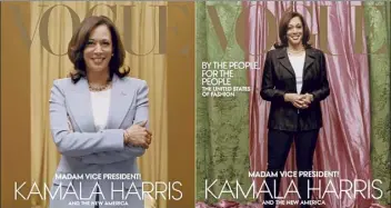  ?? Ap / Vogue ?? this combinatio­n of photos released by Vogue shows images of Vice President-elect Kamala harris on the cover of the February digital and print issues. Vogue’s February 2021 issue is available on newsstands nationwide on Jan. 26.