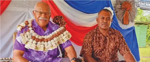  ?? Photo: Sampras Anand ?? Prime Minister, Sitiveni Rabuka with Tui Vaturova, Ratu Emosi Veidra, during the visit of the Government delegation to Korotasere Village on May 10, 2023.