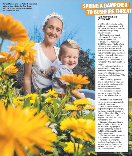  ?? Picture: JERAD WILLIAMS ?? Bianca Stenton and son Nate, 3, farewelled winter with a trip to the Gold Coast Regional Botanic Gardens on Monday.