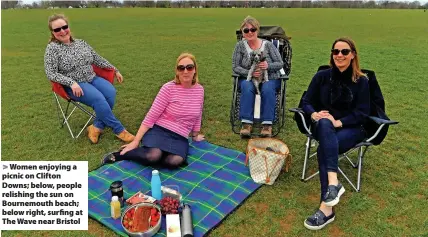  ??  ?? Women enjoying a picnic on Clifton Downs; below, people relishing the sun on Bournemout­h beach; below right, surfing at The Wave near Bristol