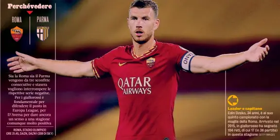  ?? GETTY IMAGES ?? Leader e capitano
Edin Dzeko, 34 anni, è al suo quinto campionato con la maglia della Roma. Arrivato nel 2015, in gialloross­o ha segnato 104 reti, di cui 17 (in 36 partite) in questa stagione