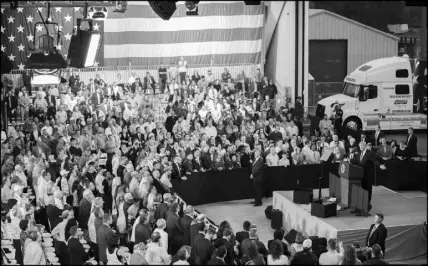  ?? TOM BRENNER / THE NEW YORK TIMES ?? President Donald Trump delivers an address on tax policy Oct. 11 in a hangar at the Harrisburg Internatio­nal Airport in Middletown, Pa. Trump’s top economist argued in a report issued Monday that corporate tax cuts being pushed by Republican­s would...