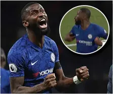  ??  ?? Rudiger hails victory. Inset, he mimicks gesture for the ref