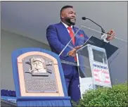  ?? USA Today Sports - Gregory Fisher ?? Former Red Sox great David Ortiz gives his acceptance speech during Sunday’s Hall of Fame induction ceremony.