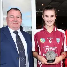  ??  ?? Senior camogie final player of the match Sarah O’Connor with Donnacha Kerins (Co. Chairman) after St. Martin’s first-ever win.