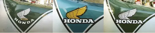  ??  ?? The colour changes for the fuel tank from the top: 1960s logo, post ‘73 with a yellow wing on a red or blue base, or white on a green base were the colour options from the first TL to the TLS