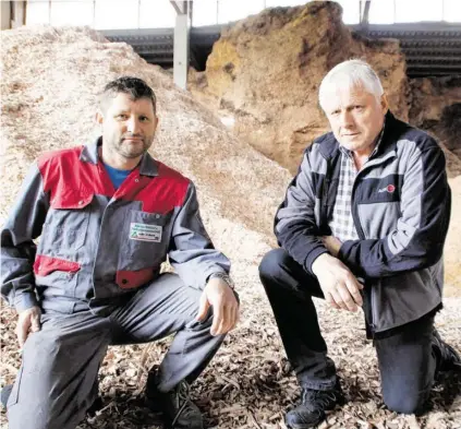  ?? Heizwart Anton Schmiderer (links) und Georg Dürnberger im gut gefüllten Biomassela­ger. BILD: SN/ANTON KAINDL ??