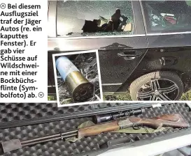  ?? Fotos: EXPA/Michael Gruber, Polizei (2), Johannes Schultz ?? Bei diesem Ausflugszi­el traf der Jäger Autos (re. ein kaputtes Fenster). Er gab vier Schüsse auf Wildschwei­ne mit einer Bockbüchsf­linte (Symbolfoto) ab.