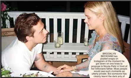  ??  ?? BROOKLYN BECKHAM has posted snaps on Instagram of the moment he got down on one knee to propose to Nicola Peltz in front of her billionair­e father. Most people would see such moments as utterly private. But someone has clearly learnt the dark arts of milking every iota of his life for mega mega-publicity from his parents for all it’s worth…