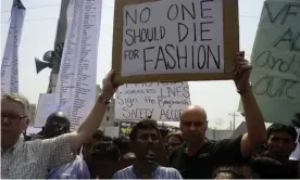  ??  ?? Bangladesh­i activists and relatives of the victims of the Rana Plaza building collapse take part in a protest marking the first anniversar­y of the disaster in 2014. Photograph: Munir Uz Zaman/AFP/Getty Images