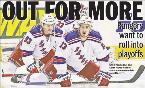  ?? GETTY ?? Keith Yandle (93) and Kevin Hayes want to stretch momentum into playoffs.