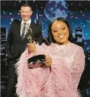  ?? ABC ?? Quinta Brunson holds her Emmy during host Jimmy Kimmel’s monologue Wednesday at a “Jimmy Kimmel Live!” taping.