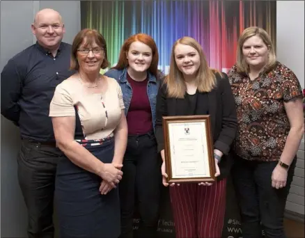  ??  ?? Glenn Lanigan; Deputy Principal Gorey Community School Stella Keogh,; Hannah Lanigan; WIT President’s Scholarshi­p recipient Megan Lannigan, BA (Hons) Marketing & Digital Media WIT; Aideen Lannigan.