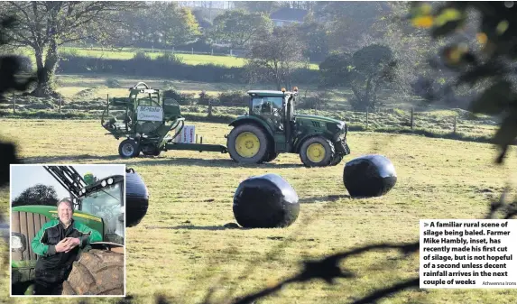  ?? Athwenna Irons ?? > A familiar rural scene of silage being baled. Farmer Mike Hambly, inset, has recently made his first cut of silage, but is not hopeful of a second unless decent rainfall arrives in the next couple of weeks