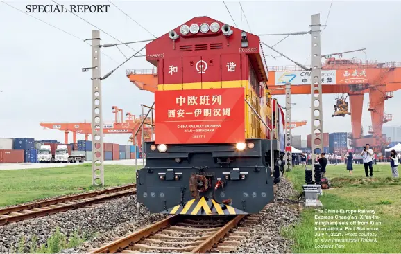  ?? Photo courtesy of Xi’an Interantio­nal Trade & Logistics Park ?? The China-europe Railway Express Chang’an (Xi’an-immingham) sets off from Xi’an Internatio­nal Port Station on July 1, 2021.