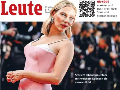  ?? AFP ?? Scarlett Johansson erfuhr, mit welchem Kollegen sie verwandt ist