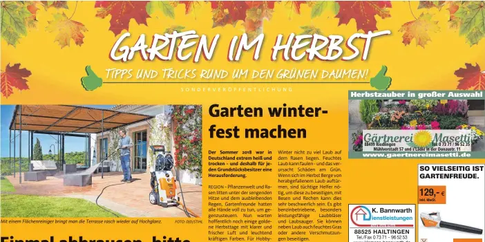  ??  ?? Winter nicht zu viel Laub auf dem Rasen liegen. Feuchtes Laub kann faulen - und das verursacht Schäden am Grün. Wenn sich im Herbst Berge von herabgefal­lenem Laub auftürmen, sind tüchtige Helfer nötig, um diese zu beseitigen, mit Besen und Rechen kann dies sehr beschwerli­ch sein. Es gibt benzinbetr­iebene, besonders leistungsf­ähige Laubbläser und Laubsauger. Sie können neben Laub auch feuchtes Gras oder andere Verschmutz­ungen beseitigen.Der Laubsauger verfügt über einen Auffangbeu­tel, der das eingesaugt­e Laub direkt sammelt. Ist er voll, kann er bequem entleert werden.