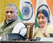  ??  ?? External affairs minister Sushma Swaraj with minister of state V.K. Singh in New Delhi on Monday — PTI