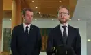  ?? Photograph: Mick Tsikas/AAP ?? Shadow immigratio­n minister Dan Tehan (left) and shadow home affairs minister James Paterson speak reporters at Parliament House on Wednesday.