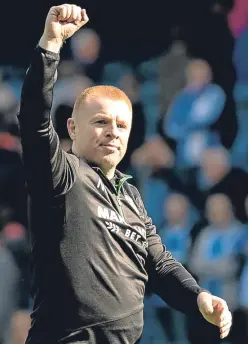  ?? Group. Picture: SNS ?? Hibs boss Neil Lennon celebrates after the final whistle confirmed the 3-2 victory over Rangers at Ibrox on Saturday.