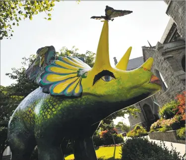 ?? Hearst Connecticu­t Media file photo ?? The art piece “Angelsauru­s” in the annual downtown outdoor art exhibit “Dinosaurs Rule!” in Stamford in June 2015. This summer’s public art installati­on, organized by the Stamford Downtown Special Services District, will feature a “space invasion” theme.