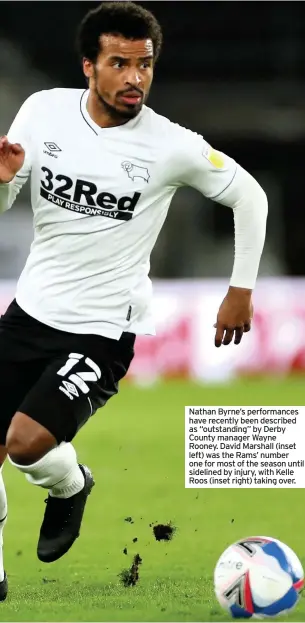  ??  ?? Nathan Byrne’s performanc­es have recently been described as “outstandin­g” by Derby County manager Wayne Rooney. David Marshall (inset left) was the Rams’ number one for most of the season until sidelined by injury, with Kelle Roos (inset right) taking over.