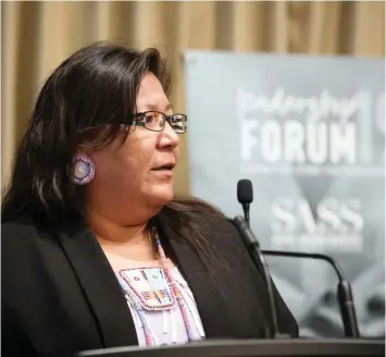  ?? TROY FLEECE ?? Corrine Mcarthur, sexual assault counsellor with the Society for the Involvemen­t of Good Neighbours, talks about a new Indigenous-influenced treatment model during a leadership forum in Regina on Wednesday.