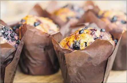  ??  ?? Low-fat, high-fibre blueberry muffins, from Mindfull: Over 100 Delicious Recipes for Better Health.