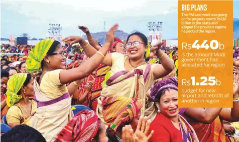  ?? PTI ?? BJP supporters dance during Prime Minister Narendra Modi’s visit in Kamrup yesterday.