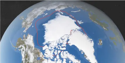  ??  ?? Cette image tirée d’une vidéo fournie par la NASA démontre l’étendue minimale probable des glaces dans la mer Arctique le 18 septembre 2019, par rapport à la moyenne minimale de 1981 à 2010. - Associated Press: Trent Schindler/NASA