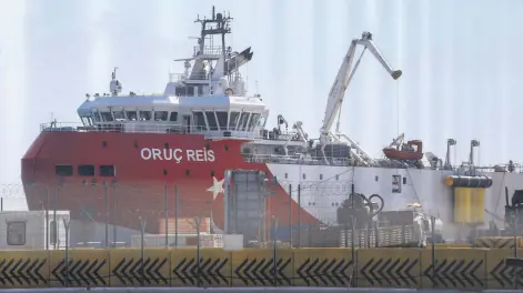  ??  ?? Turkey’s seismic research vessel Oruç Reis at the port of Antalya for restocking and maintenanc­e, Antalya, Turkey, Sept. 16, 2020.