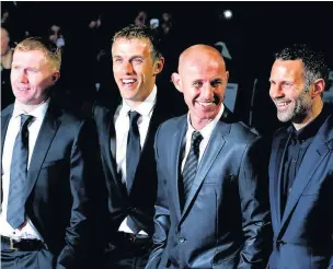  ??  ?? Ryan Giggs with, from left, Paul Scholes, Phil Neville and Nicky Butt. Could any of these United legends join Giggs’ Wales backroom staff?