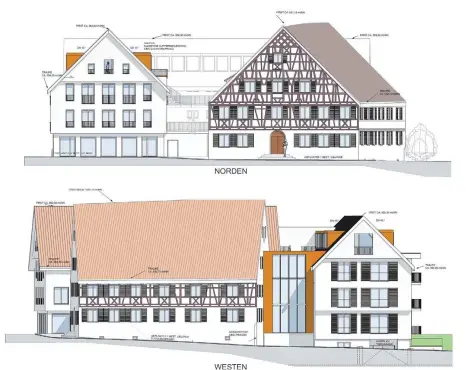  ?? FOTO: GEMEINDE/IMOPLAN ?? In der oberen Ansicht sieht man den geplanten Neubau und den dann ehemaligen Adler von der Herrenstra­ße aus, in der unteren von der Fürst-Maximilian-Straße aus – mit der Tiefgarage­neinfahrt rechts.