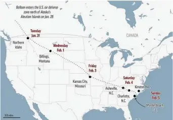  ?? Associated Press graphic ?? SUSPECTED SPY BALLOON’S WEEKLONG TRAVERSE OVER THE U.S.