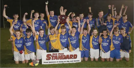  ??  ?? The Clúain O’Rahilly’s boys celebrate after their Under-14 football shield success in St. Patrick’s Park, Enniscorth­y.