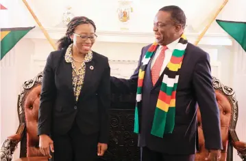  ?? — Picture: Tawanda Mudimu ?? President Mnangagwa welcomes the United Nations Economic Commission for Africa executive secretary Dr V era Songwe at State House in Harare.